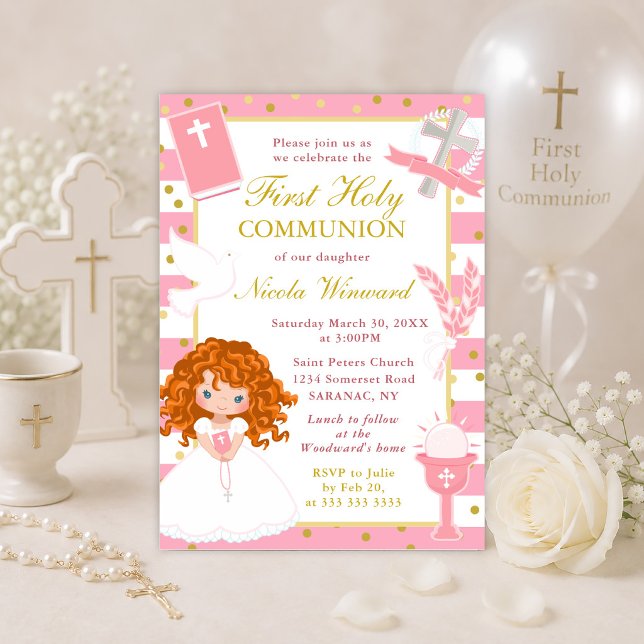 Invitación Primera Comunión niña pelo rojo rayas rosadas (Subido por el creador)