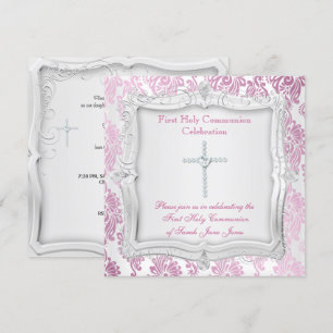 Invitación Primera Comunión Niña Rosa Cruz de Plata
