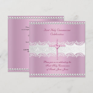 Invitación Primera Comunión Niña Rosa Encaje Rosa Perla
