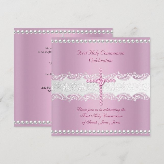 Invitación Primera Comunión Niña Rosa Encaje Rosa Perla (Anverso / Reverso)