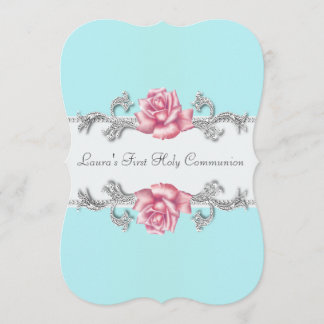 Invitación Primera Comunión Niña Rosa Rosa Teal
