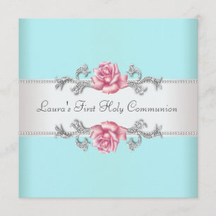 Invitación Primera Comunión Niña Rosa Rosa Teal