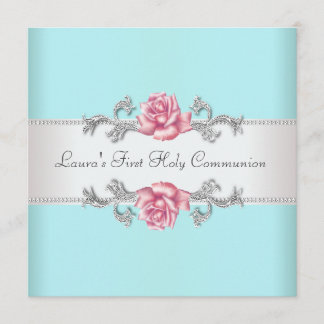 Invitación Primera Comunión Niña Rosa Rosa Teal