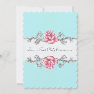 Invitación Primera Comunión Niña Rosa Rosa Teal