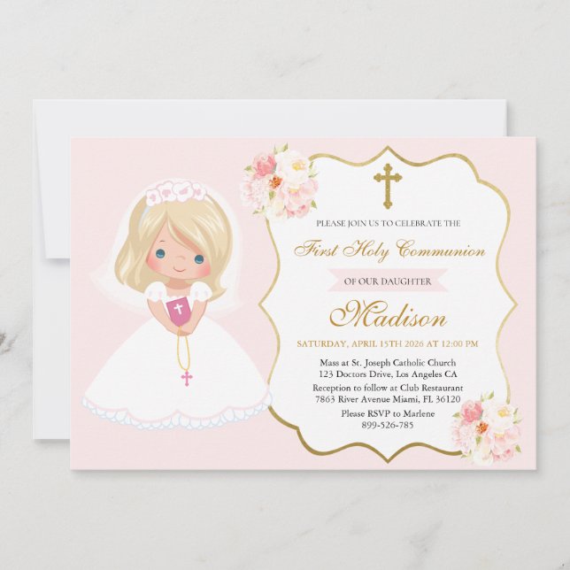 Invitación Primera Comunión Niña Rosa Suave (Anverso)
