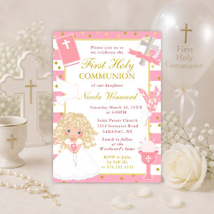 Invitación Primera Comunión niña rubia raya rosa