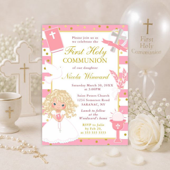 Invitación Primera Comunión niña rubia raya rosa (Subido por el creador)