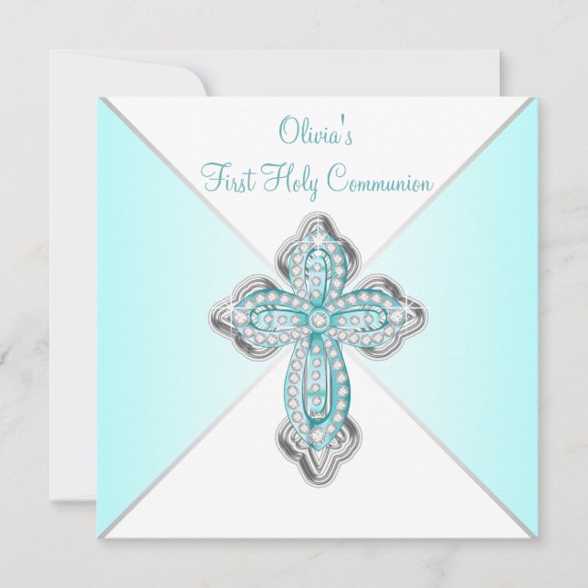 Invitación Primera Comunión Niñas Azul Turquesa (Anverso)