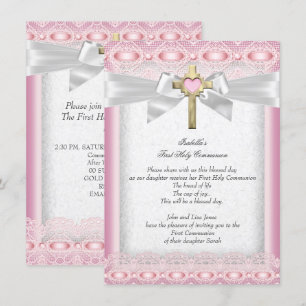 Invitación Primera Comunión Niñas Cruz Rosa Encaje