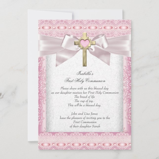 Invitación Primera Comunión niñas cruz rosa encaje 1º (Anverso)