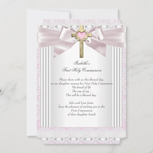 Invitación Primera Comunión niñas cruz rosa encaje 1 (Anverso)