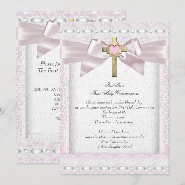 Invitación Primera Comunión Niñas Cruz Rosa Encaje 3 (Anverso / Reverso)