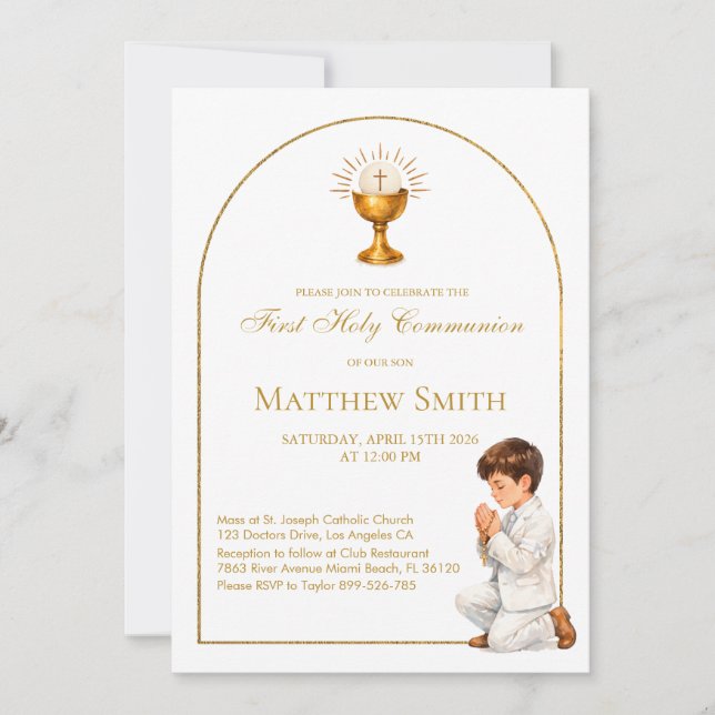 Invitación Primera Comunión Niño Arco Boho Oro & Cáliz (Anverso)