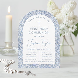 Invitación Primera Comunión Niño Azul Blanco Patrón Floral Ar