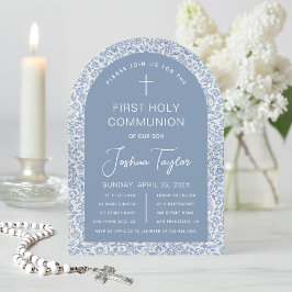 Invitación Primera Comunión Niño Azul Estampado Floral Arco