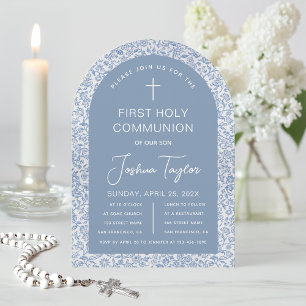 Invitación Primera Comunión Niño Azul Estampado Floral Arco