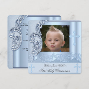 Invitación Primera Comunión Niño Azul Foto Confirmación 2
