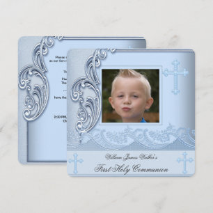 Invitación Primera Comunión Niño Azul Foto Confirmación 3