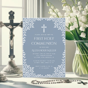 Invitación Primera Comunión Niño Azul Polvo Blanco Hojas Cruz