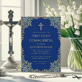 Invitación Primera Comunión Niño Azul Real Hojas Doradas Vint