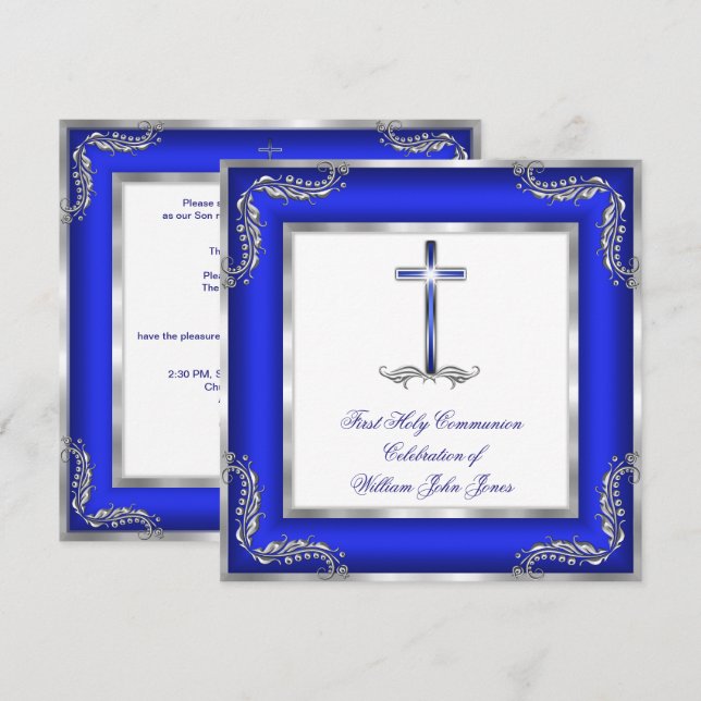 Invitación Primera Comunión Niño Azul Real Plata Blanco (Anverso / Reverso)