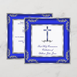 Invitación Primera Comunión Niño Azul Real Plata Blanco