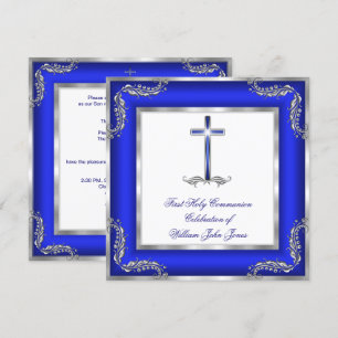 Invitación Primera Comunión Niño Azul Real Plata Blanco
