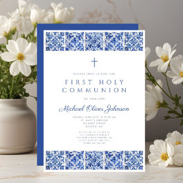 Invitación Primera Comunión Niño Baldosas Azules Elegantes
