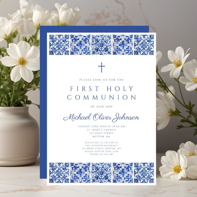Invitación Primera Comunión Niño Baldosas Azules Elegantes (Elegant Blue Tiles Boy First Communion Invitation)