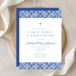 Invitación Primera Comunión Niño Baldosas Azules Elegantes
