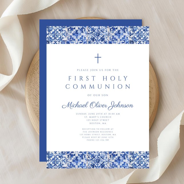 Invitación Primera Comunión Niño Baldosas Azules Elegantes (Elegant Blue Tiles Boy First Communion Invitation)