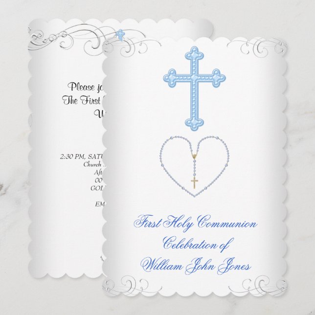 Invitación Primera Comunión Niño Blanco Azul Plata (Anverso / Reverso)