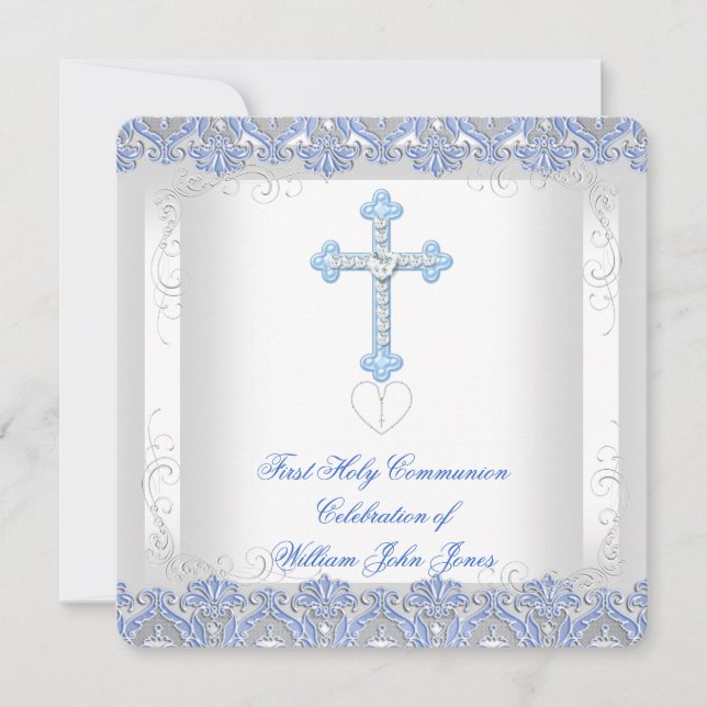 Invitación Primera Comunión Niño Blanco Plata Azul (Anverso)