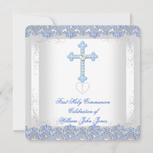 Invitación Primera Comunión Niño Blanco Plata Azul