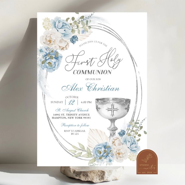Invitación Primera Comunión Niño Boho Plata y Azul (Subido por el creador)
