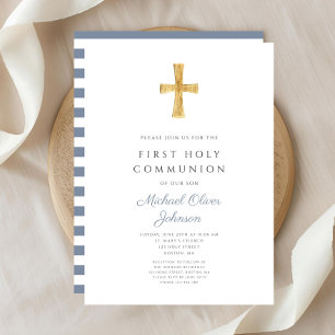Invitación Primera Comunión Niño Cruces Rayas Azules Moderna