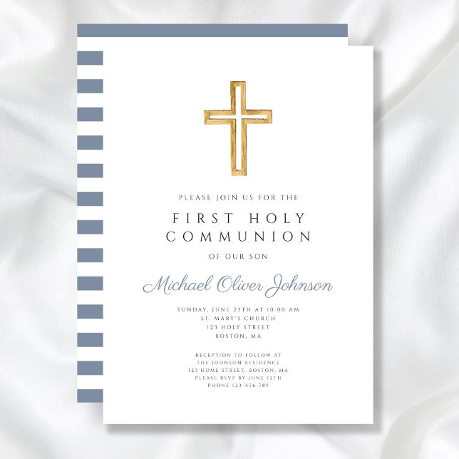 Invitación Primera Comunión Niño Cruz Azul Moderna (Modern Blue Cross Boy First Communion Invitation)