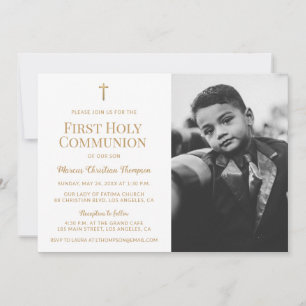 Invitación Primera comunión niño cruz blanca y dorada  