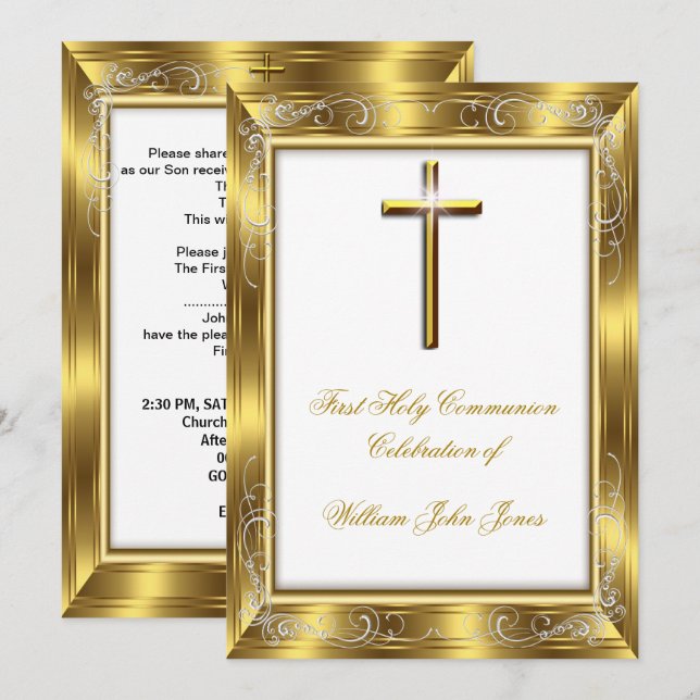 Invitación Primera Comunión Niño Cruz de Oro Blanco 3 (Anverso / Reverso)