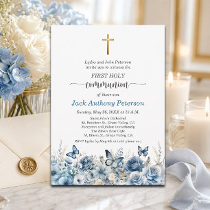 Invitación Primera Comunión Niño Cruz de Oro Floral Azul