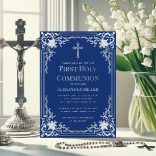 Invitación Primera Comunión Niño Cruz de Plata Falso Azul Rea