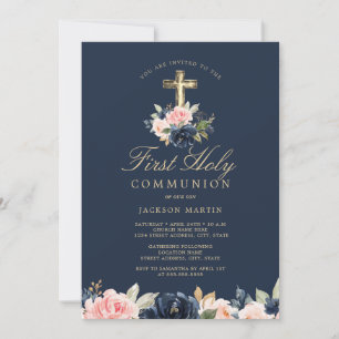 Invitación Primera Comunión Niño Cruz Floral Marin