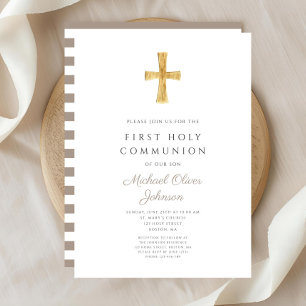 Invitación Primera Comunión Niño Cruz Moderna Beige