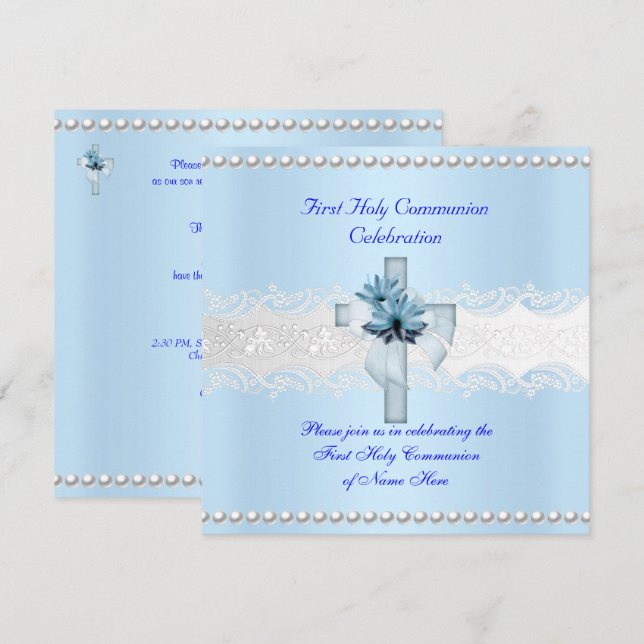 Invitación Primera Comunión Niño Encaje Blanco Perla Azul (Anverso / Reverso)