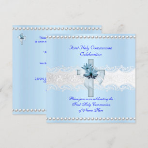 Invitación Primera Comunión Niño Encaje Blanco Perla Azul