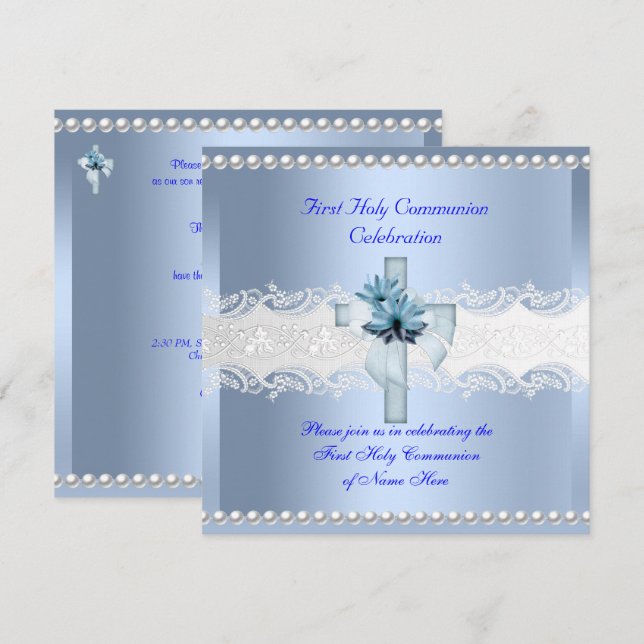 Invitación Primera Comunión Niño Encaje Blanco Perla Azul 2 (Anverso / Reverso)