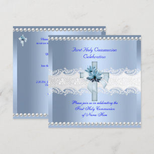 Invitación Primera Comunión Niño Encaje Blanco Perla Azul 2