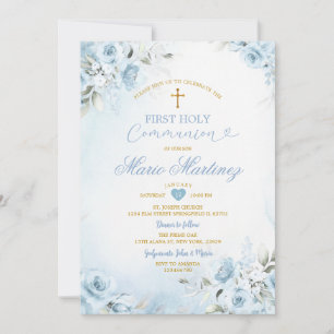 Invitación Primera Comunión Niño Floral Azul Claro Lindo