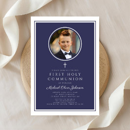 Invitación Primera Comunión Niño Foto Azul Marino Moderno