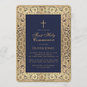 Invitación Primera Comunión Niño Marco Floral Azul Dorado Ele